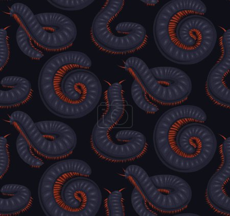 Illustration for Dark vector seamless pattern with scary centipedes on gray background. Texture with cartoon julida. Gloomy fabric with millipede insect. Wallpaper with insect with a chitinous shell. - Royalty Free Image