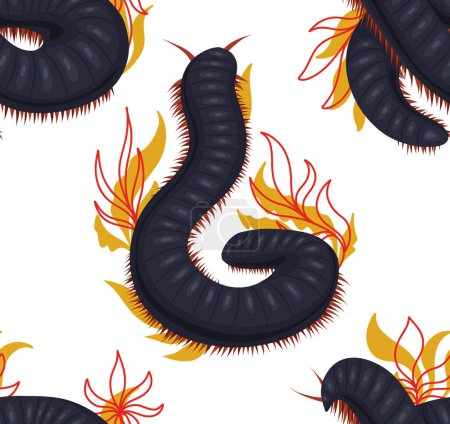 Ilustración de Vector seamless pattern with scary centipedes with foliage and leaves on white background. Texture with julida and stems. Wallpaper with insect with a chitinous shell. Fabric with millipede - Imagen libre de derechos