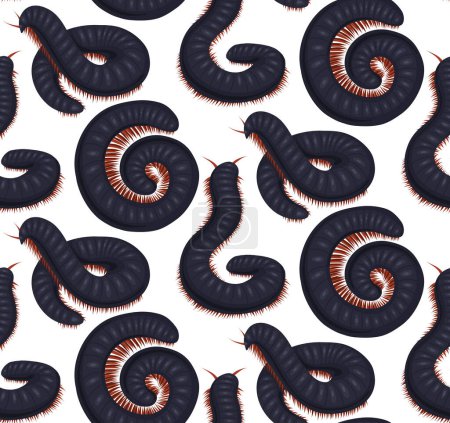Illustration for Vector seamless pattern with scary centipedes on white background. Texture with cartoon julida. Fabric with millipede insect. Wallpaper with insect with a chitinous shell. - Royalty Free Image