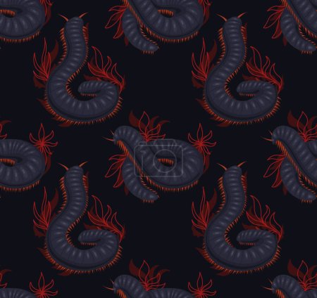Téléchargez les illustrations : Seamless pattern with scary centipedes with foliage and leaves on dark gray background. Vector texture with julida and stems. Fabric with insect with a chitinous shell. Wallpaper with millipede - en licence libre de droit