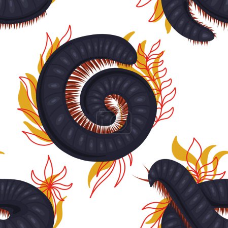 Illustration for Vector seamless pattern with scary centipedes in roll with foliage and leaves on white background. Texture with julida. Wallpaper with insect with a chitinous shell. Fabric with millipede insect. - Royalty Free Image