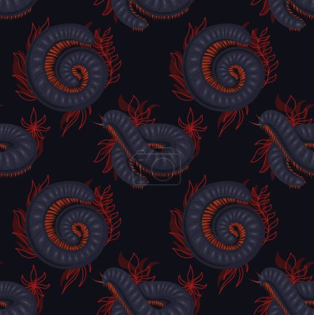 Ilustración de Dark vector seamless pattern with scary centipedes in roll with foliage and leaves on black background. Wallpaper with insect with a chitinous shell. Fabric with millipede insect. Texture with julida. - Imagen libre de derechos