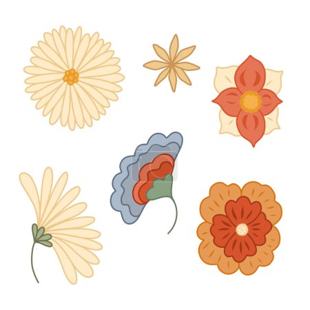 Ilustración de Set of retro groovy flowers and stems. Vector hippie contour clipart with different flowers and leaves isolated from background. Floral old fashioned image for stickers and scrapbooking - Imagen libre de derechos