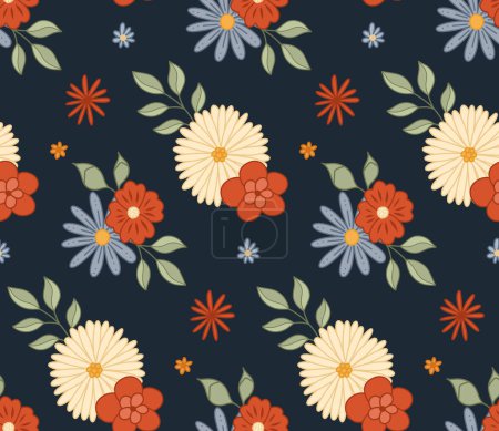 Illustration for Vector seamless pattern with bouquet of groovy flowers and stems on dark pattern. Hippie mood. Retro floral texture. Nature background for fabric and wallpaper - Royalty Free Image