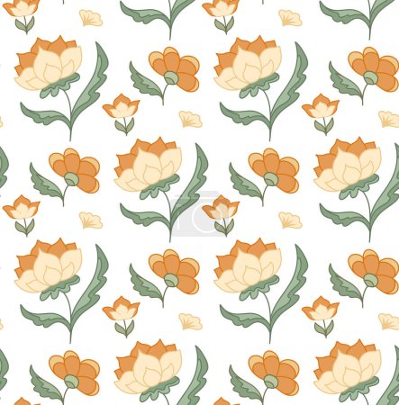 Téléchargez les illustrations : Vector seamless gentle pattern with groovy flowers and stems on white background. Nature tender texture for fabric and wallpaper. Hippie mood. Flower power. Retro floral texture. - en licence libre de droit