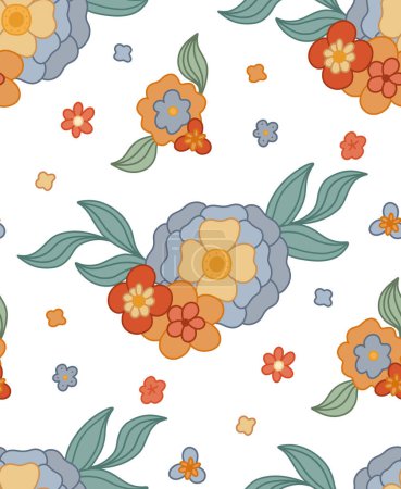 Illustration for Vector seamless pattern with bouquet of groovy flowers and stems on white background with ditsy. Retro hippie floral texture. Natural background for fabric and wallpaper - Royalty Free Image