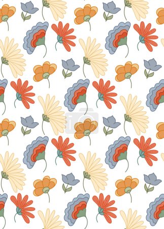 Illustration for Vector seamless pattern with groovy flowers and stems on white background. Flower power. Retro hippie floral texture. Nature texture for fabric, wallpaper, wrapping paper. - Royalty Free Image