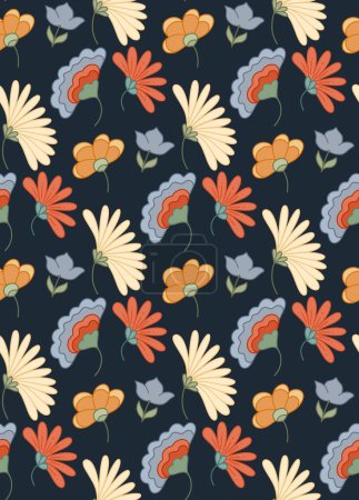 Illustration for Dark vector seamless pattern with groovy flowers and stems on blue background. Flower power wallpaper. Retro hippie floral background. Nature texture for fabric and wrapping paper. - Royalty Free Image