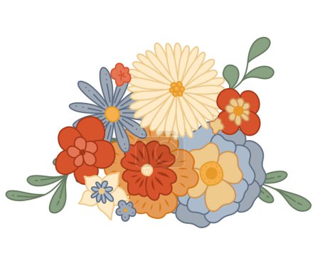 Ilustración de Vector groove flower composition. Floral hippie clipart. Retro bouquet isolated from the background. Nature clipart for stickers, printing on t shirts, mugs, pillows - Imagen libre de derechos