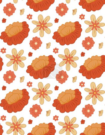 Illustration for Vector seamless retro pattern with red groovy flowers on white background with ditsy. Floral old fashioned background for fabrics and wallpapers. Hippie texture with different flowers. - Royalty Free Image