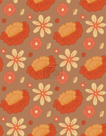 Téléchargez les illustrations : Seamless retro pattern with red groovy flowers on dark background with ditsy ornament. Hippie texture with different flowers. Vector floral old fashioned background for fabrics and wallpapers. - en licence libre de droit