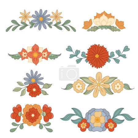 Ilustración de Vector set of retro text delimiters with groovy flowers isolated from background. Collection of hippie divider with various flowers and stems with leaves. Floral separator design element - Imagen libre de derechos