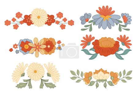 Téléchargez les illustrations : Vector set of retro text delimiters with groovy flowers isolated from background. Collection of hippie divider with various flowers and leaves. Floral separator design element - en licence libre de droit