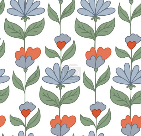 Illustration for Seamless pattern with blue groovy flowers on stems and foliage on white background. Hippie wallpaper. Vector nature retro floral texture for fabric. Flower power backdrop. - Royalty Free Image