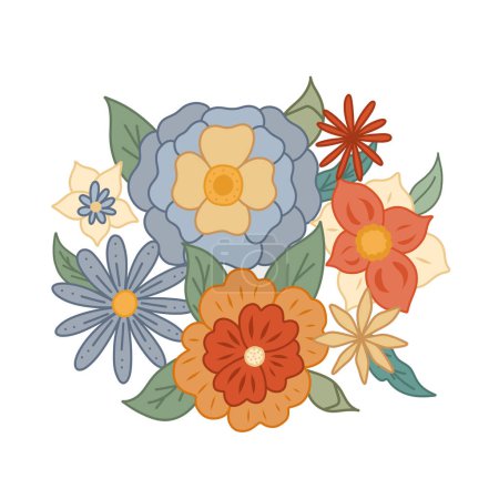 Téléchargez les illustrations : Vector illustration of a bouquet of groovy flowers with foliage. Retro floral image. Hippie mood. Flower power. Nature clipart for stickers, printing on t-shirts, mugs, pillows. - en licence libre de droit