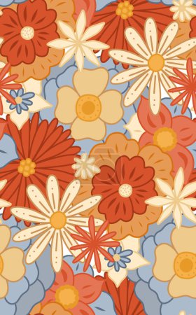 Ilustración de Vector seamless retro pattern with dense groovy flowers. Hippie texture with lush different flowers. Floral old fashioned background for fabrics, wallpapers and wrapping paper. - Imagen libre de derechos