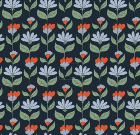 Illustration for Vector seamless pattern with blue groovy flowers on stems and foliage on dark blue background. Nature retro floral texture for fabric. Hippie mood wallpaper. Flower power backdrop. - Royalty Free Image