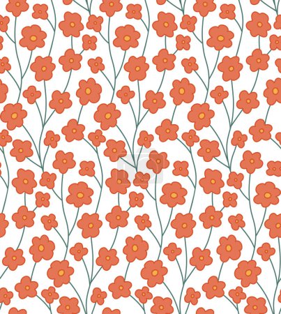 Illustration for Seamless vector pattern with twisted sakura branches and flowers on white background. Japanese texture with intertwined cartoon flowers. Floral background for fabrics and wallpapers. - Royalty Free Image