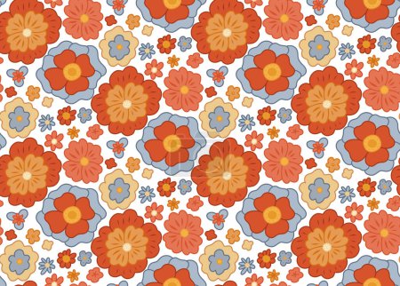 Illustration for Seamless retro pattern with groovy flowers on dark background. Vector hippie texture with different flowers. Ditsy old fashioned background for fabrics. Floral wallpaper. Flower power. - Royalty Free Image