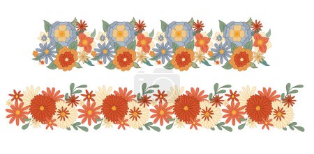 Ilustración de Vector set of seamless retro border with groovy flowers isolated from background. Floral retro frieze for brush and text delimiters. Collection of hippie frame with various flowers. - Imagen libre de derechos
