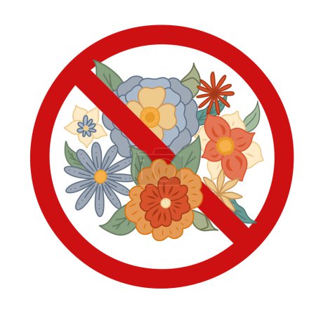 Téléchargez les illustrations : Vector forbidden sticker with bouquet. Groovy flowers in the prohibition sign. Ban on the hippie parade. Don t pick flowers. Retro in ban - en licence libre de droit
