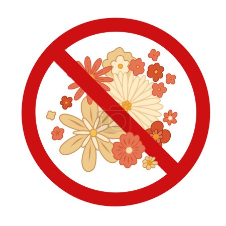 Illustration for Groovy flowers in the prohibition sign. Vector forbidden sticker. Ban on the hippie parade. Don t pick flowers. Retro in ban - Royalty Free Image