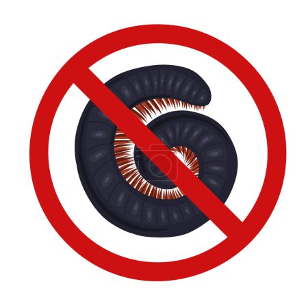 Ilustración de Vector forbidden sign with an insect in roll. Scolopendra in sign of prohibition. Centipede bite danger. Do not touch rare animals. Do not bring dangerous insects - Imagen libre de derechos