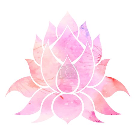 Ilustración de Vector watercolor lotus illustration. Simple silhouette of water lily on pink background with splashes. Mystical picture for logo and sticker - Imagen libre de derechos