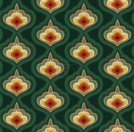 Ilustración de Retro pattern with natural leaves scales. Vector vintage floral seamless texture with foliage and petals for fabrics and wrapping paper. Japanese green background with fan in row - Imagen libre de derechos