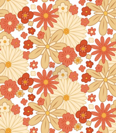 Téléchargez les illustrations : Vector seamless retro pattern with dense groovy flowers. Ditsy hippie texture with different beige and coral flowers on white background. Floral retro background for fabrics and wallpapers. - en licence libre de droit