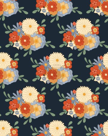 Illustration for Ditsy hippie texture with bouquet groovy flowers with stems in row on dark blue background. Vector seamless retro pattern with bunch of flowers. Floral backdrop for fabrics and wallpapers. - Royalty Free Image