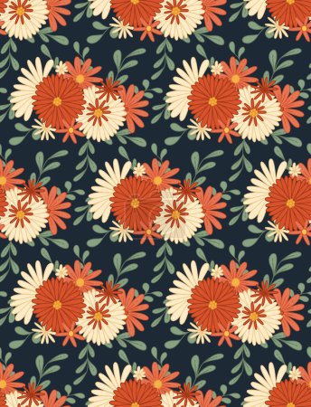 Illustration for Ditsy hippie texture with different flowers in row on dark blue background. Vector seamless retro pattern with bouquet groovy flowers with stems. Floral background for fabrics and wallpapers. - Royalty Free Image