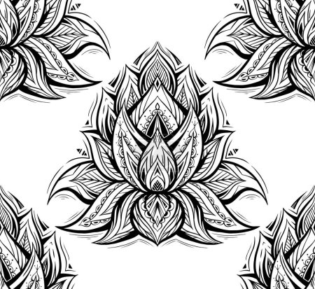 Illustration for Vector seamless pattern with contour tribal lotuses. Monochrome mystical floral texture. Sacred black and white wallpaper with water lilies with native ornaments. - Royalty Free Image