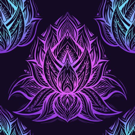 Téléchargez les illustrations : Vector seamless pattern with neon contour tribal lotuses on dark background. Gradient mystical floral texture. Wallpaper with violet and blue water lilies with native ornaments. - en licence libre de droit