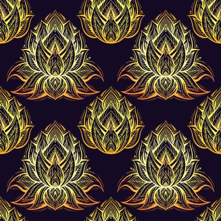 Téléchargez les illustrations : Vector luxurious seamless pattern with golden contour tribal lotuses on violet background. Rich mystical floral texture. Sacred luxe wallpaper with water lilies with native ornaments. - en licence libre de droit