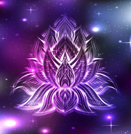 Téléchargez les illustrations : Vector sacred lotus illustration with boho ornament in cosmos. Neon psychedelic water lily with tribal decoration in universe. Mystical floral picture for card and banner - en licence libre de droit