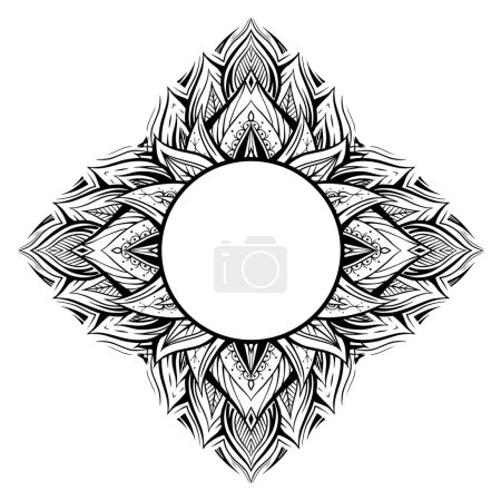 Illustration for Vector sacred lotus frame with boho ornament and place for text. Monochrome border with water lily with tribal decoration and copy space. Mystical invitation and card - Royalty Free Image