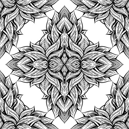Téléchargez les illustrations : Vector seamless pattern with lotus mandala made of petals and leaves with boho ornament. Monochrome kaleidoscope texture with water lily with tribal decoration. Mystical fabric and wallpaper - en licence libre de droit