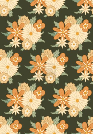 Illustration for Vector seamless hippie pattern with bouquet groovy flowers. Blossom retro texture with different flowers on dark green background. Floral old fashioned background for fabrics and wallpapers. - Royalty Free Image
