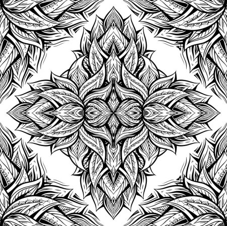 Téléchargez les illustrations : Vector seamless pattern with lotus mandala made of petals and leaves with boho ornament. Monochrome kaleidoscope texture with water lily with tribal decoration. Mystical fabric and wallpaper - en licence libre de droit