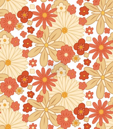 Téléchargez les illustrations : Vector seamless retro pattern with dense groovy flowers. Ditsy hippie texture with different beige and coral flowers on white background. Floral retro background for fabrics and wallpapers. - en licence libre de droit