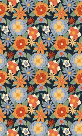 Illustration for Vector seamless retro pattern with bouquet groovy flowers. Ditsy hippie texture with different flowers on dark blue background in grid ornament. Floral background for fabrics and wallpapers. - Royalty Free Image
