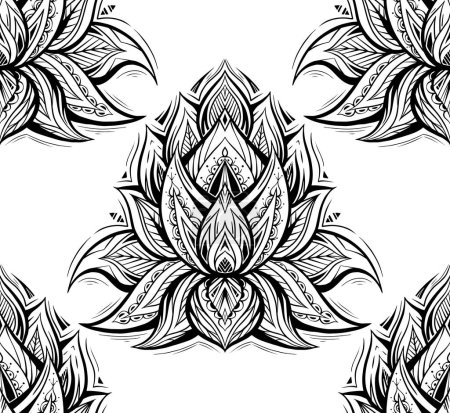 Illustration for Vector seamless pattern with contour tribal lotuses. Monochrome mystical floral texture. Sacred black and white wallpaper with water lilies with native ornaments. - Royalty Free Image