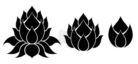 Illustration for Vector set of mystical pictogram of lotuses. Sacred monochrome silhouette of water lily. Design element for logos and icons - Royalty Free Image