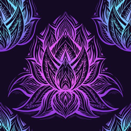 Illustration for Vector seamless pattern with neon contour tribal lotuses on dark background. Gradient mystical floral texture. Wallpaper with violet and blue water lilies with native ornaments. - Royalty Free Image