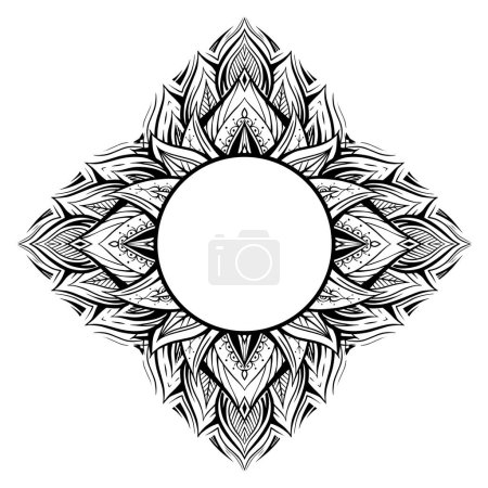 Ilustración de Vector sacred lotus frame with boho ornament and place for text. Monochrome border with water lily with tribal decoration and copy space. Mystical invitation and card - Imagen libre de derechos