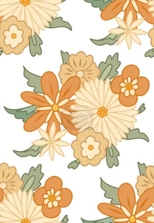 Illustration for Vector seamless retro pattern with bouquet groovy flowers. Blossom hippie texture with different gentle flowers on white background. Floral retro background for fabrics and wallpapers. - Royalty Free Image