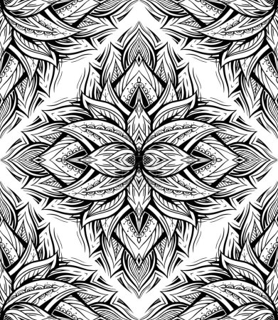 Illustration for Vector seamless pattern with contour lotus mandala with boho ornament. Monochrome sacral kaleidoscope texture with outline water lily with tribal decoration. Mystical fabric and wallpaper - Royalty Free Image