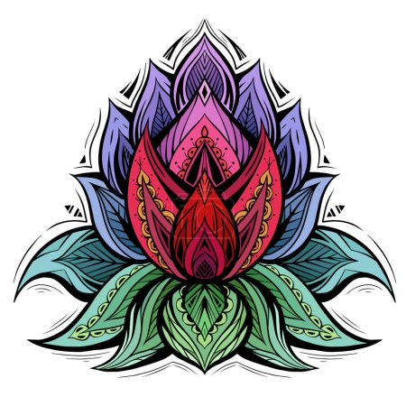 Téléchargez les illustrations : Vector colorful sacred lotus illustration with boho ornament. Violet water lily and green leaves with tribal decoration. Mystical picture for stickers and printing - en licence libre de droit
