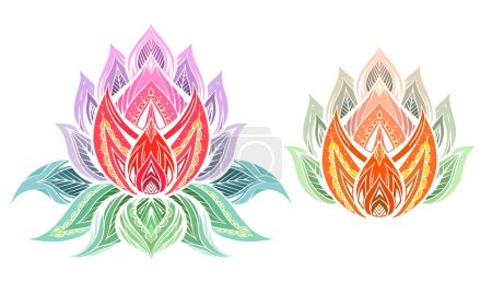 Illustration for Vector set of colorful sacred lotuses illustration with boho ornament. Collection of violet and orange water lily and green leaves with tribal decoration. Mystical picture for stickers and sublimation - Royalty Free Image